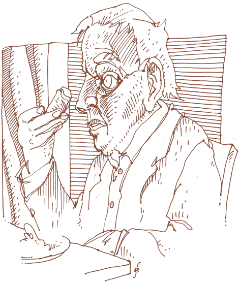 an old man in a restaurant holding a croquette