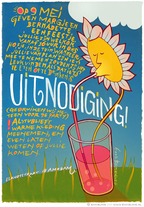 uitnodiging, bloem, Margje, Bernadette, typografie, enkeling, 2009